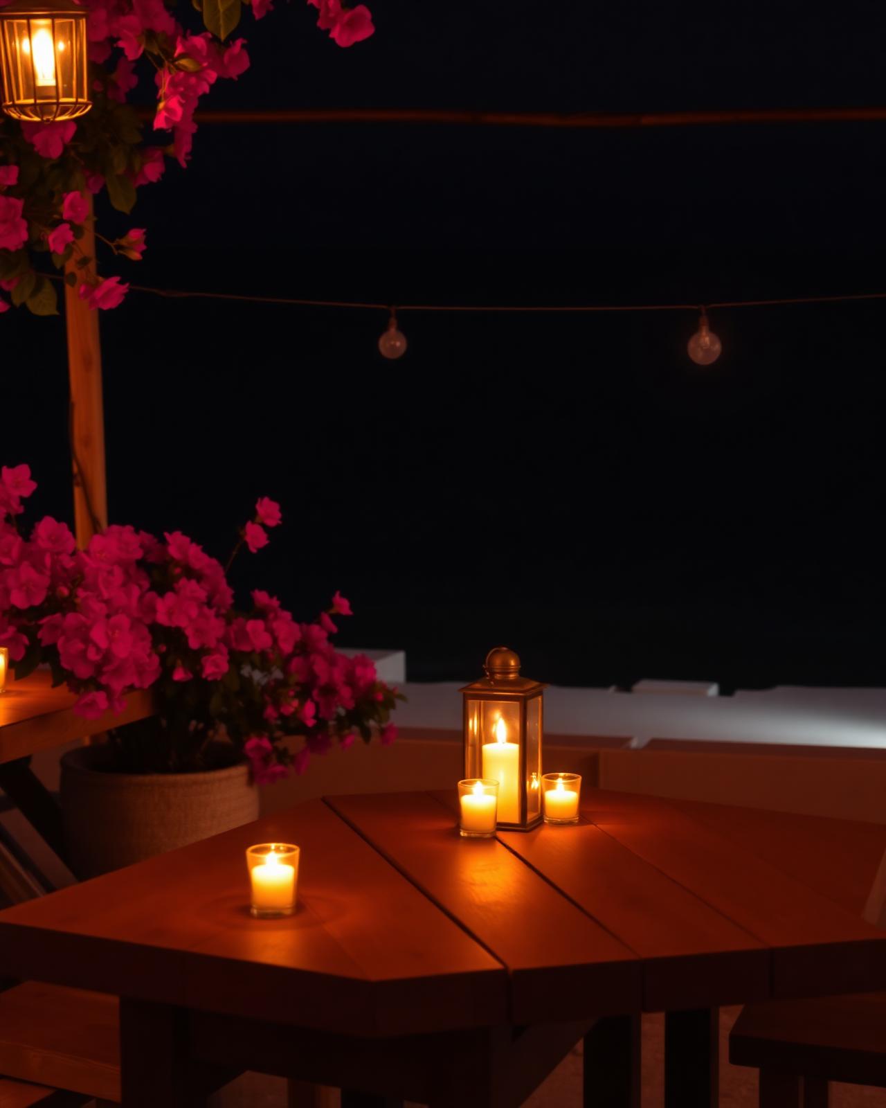 Candle-lit tables at night with bougainvillea at Mojo Bar